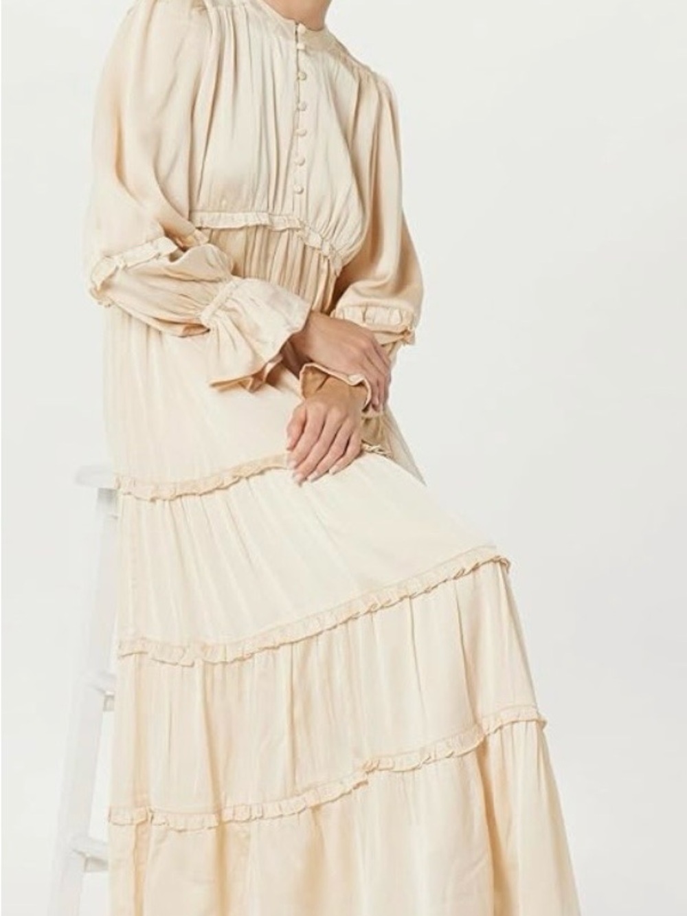 Flowy Ivory Cream Ruffled Maxi Dress - Picture 3 of 7